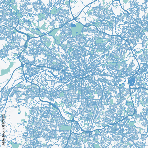 Map of Manchester in United Kingdom in blue. Contains layered vector with roads water, parks, etc.