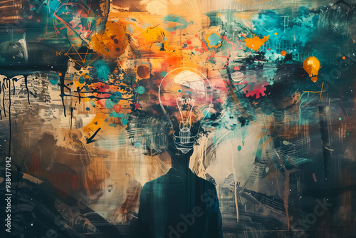 A man standing with floating light bulbs around him, symbolizing creativity, ideas, and the concept of brainstorming and innovation.