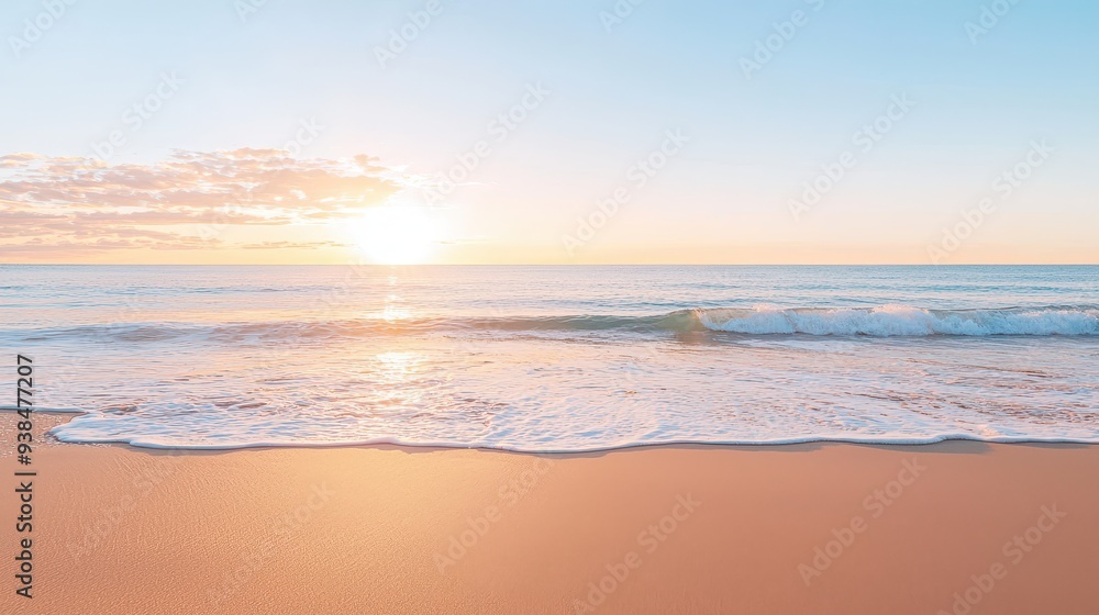 Sandy Beach at Sunset with Gentle Waves and Golden Light Sandy Beach at Sunset with Gentle Waves and Golden Light