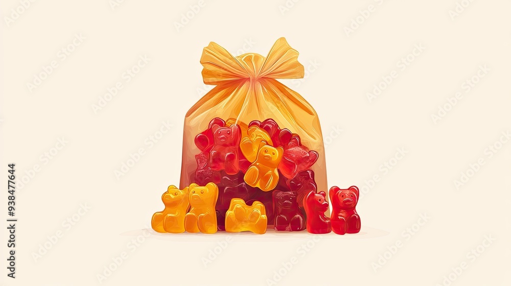 A cheerful vector of a bag of gummy bears, set against a light background with space for copy. A cheerful vector of a bag of gummy bears, set against a light background with space for copy.