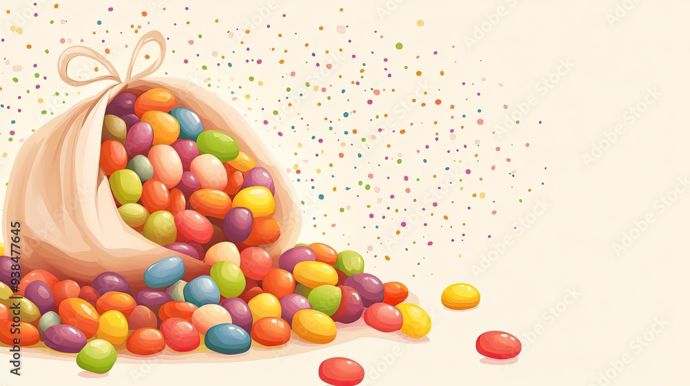 A cheerful vector of a bag of jellybeans, with a light background and plenty of room for copy. A cheerful vector of a bag of jellybeans, with a light background and plenty of room for copy.