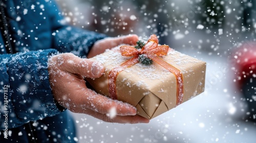 A close-up shot of hands holding a gift wrapped in brown paper with a decorative pine and red ribbon, epitomizing the cozy winter holiday spirit amidst snowfall. photo