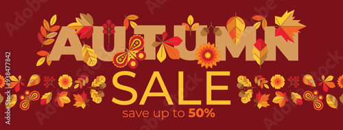 Beautiful creative background of autumnal sale with lettering, colorful leaves, butterfly and flower. Bright eye-catching banner with composition of letters and leaves. Flyer, label, tag template