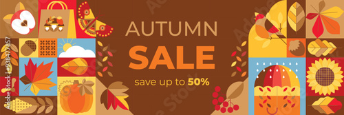 Abstract geometric autumn sale background with icons of leaves, umbrella, bird, butterfly. Bright creative banner with autumnal nature elements. Flyer, invitation, coupon, voucher