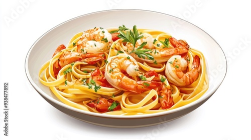 A clean vector of a seafood pasta dish with herbs and a light sauce, set against a simple background with ample space for text.