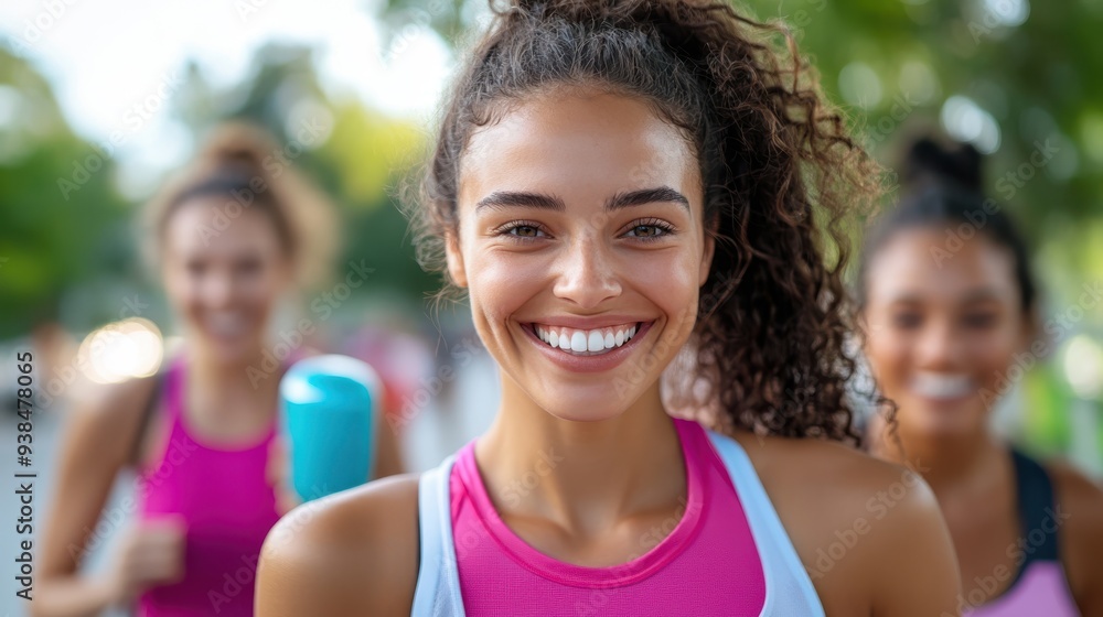 Three women in athletic outfits, smiling with radiant joy and energy, ready to embark on an invigorating outdoor run, capturing the essence of health and positivity. Three women in athletic outfits, smiling with radiant joy and energy, ready to embark on an invigorating outdoor run, capturing the essence of health and positivity.