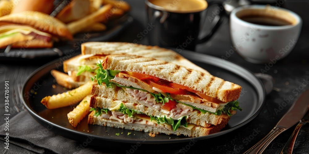 Appetizing Close-Up of a Classic Club Sandwich on a Dark Plate Accompanied by Coffee and Toasts Appetizing Close-Up of a Classic Club Sandwich on a Dark Plate Accompanied by Coffee and Toasts
