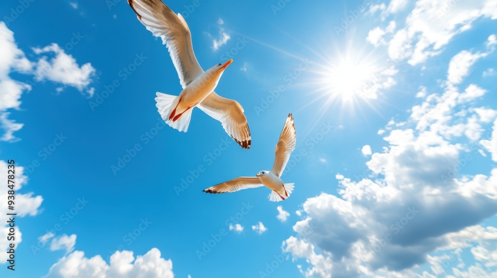 Two seagulls soar gracefully under a bright sunlit sky scattered with fluffy clouds, creating a sense of freedom and beauty in this expansive outdoor nature scene. Two seagulls soar gracefully under a bright sunlit sky scattered with fluffy clouds, creating a sense of freedom and beauty in this expansive outdoor nature scene.