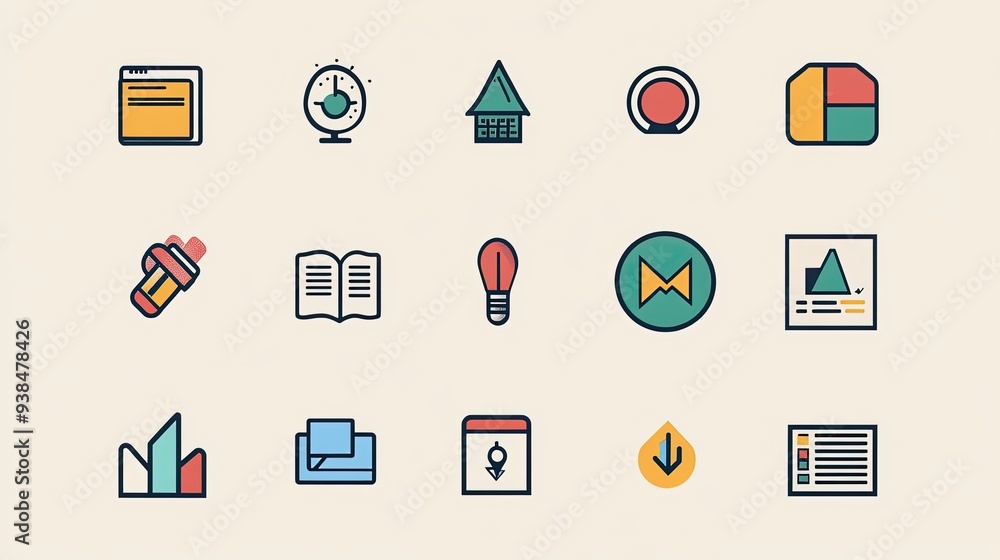 A collection of minimalist business icons in various colors, symbolizing different aspects of business. A collection of minimalist business icons in various colors, symbolizing different aspects of business.