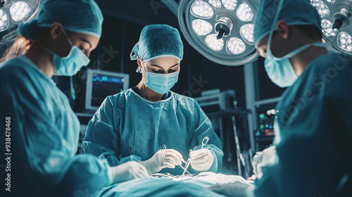 Medical Team Performing Surgical Operation in Modern Operating Room. Medical professionals working together in a hospital setting, including a doctor, nurse, and patient.