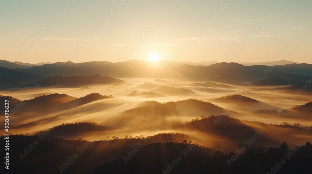 Obraz premium Golden Sunrise Over Foggy Mountain Peaks