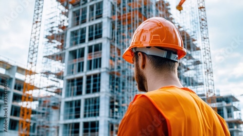 Another construction worker, also in orange safety gear, supervises the progress of a high-rise building construction site, reinforcing themes of safety, development, and teamwork.