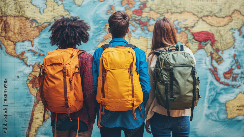 Three backpackers stand in front of a map of the world Three backpackers stand in front of a map of the world