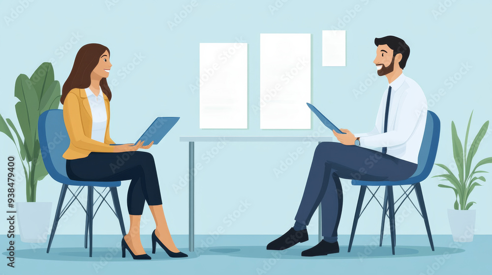 Two people sitting at a table, one woman and one man, both holding laptops Two people sitting at a table, one woman and one man, both holding laptops