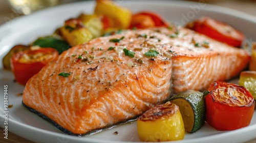 A plate of baked salmon with a side of roasted vegetables, with clear space above for text.