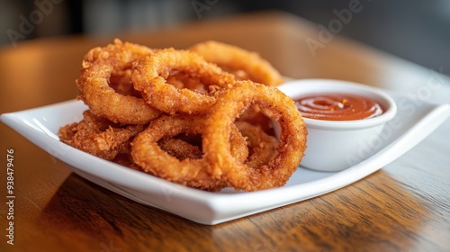 A plate of deep-fried onion rings with a side of dipping sauce, with space for promotional content.