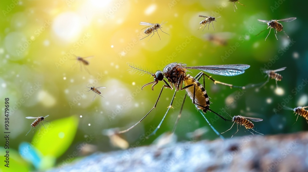 A detailed macro photograph capturing several mosquitoes in mid-flight, set against a background of warm sunlight and greenery, evoking a summer atmosphere. A detailed macro photograph capturing several mosquitoes in mid-flight, set against a background of warm sunlight and greenery, evoking a summer atmosphere.