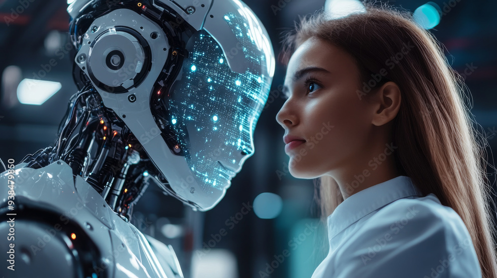 Fototapeta premium A woman is looking at a robot with a face