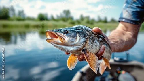 A hand holds a fish above the water, showing off the catch with a backdrop of lush greenery. The scene exudes the tranquility of outdoor fishing on a clear day. photo