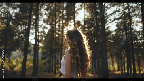 Woman looking at camera then runs off into the forest