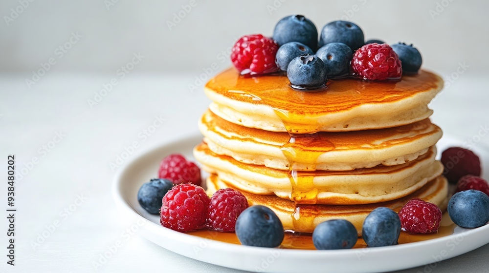 A stack of fluffy pancakes topped with syrup and berries on a white plate, placed on a light background with copy space. A stack of fluffy pancakes topped with syrup and berries on a white plate, placed on a light background with copy space.