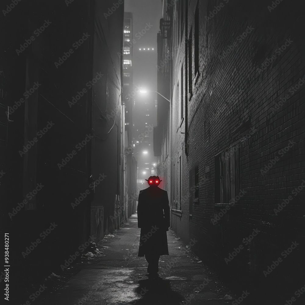 Mysterious Figure Walking Alone in a Dark Alleyway at Night Mysterious Figure Walking Alone in a Dark Alleyway at Night