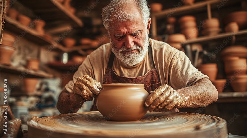 A skilled potter shaping a clay pot on a spinning wheel, with focused expression and hands covered in clay A skilled potter shaping a clay pot on a spinning wheel, with focused expression and hands covered in clay