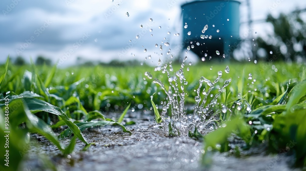 Water splashes in a green field with droplets captured in mid-air. The background features a large, blurred structure, emphasizing the life-giving essence of water. Water splashes in a green field with droplets captured in mid-air. The background features a large, blurred structure, emphasizing the life-giving essence of water.