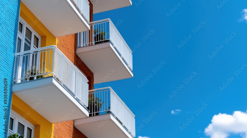 Image featuring vibrant colorful balconies on a modern apartment building against a clear blue sky, showcasing dynamic architecture and urban living lifestyle. Image featuring vibrant colorful balconies on a modern apartment building against a clear blue sky, showcasing dynamic architecture and urban living lifestyle.