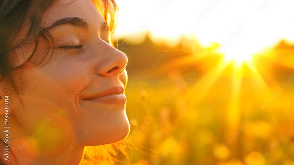 Fototapeta premium Sunlit Joy - Close-up Portrait of a Smiling Person Feeling the Warmth of the Sun, Everyday Bliss Concept