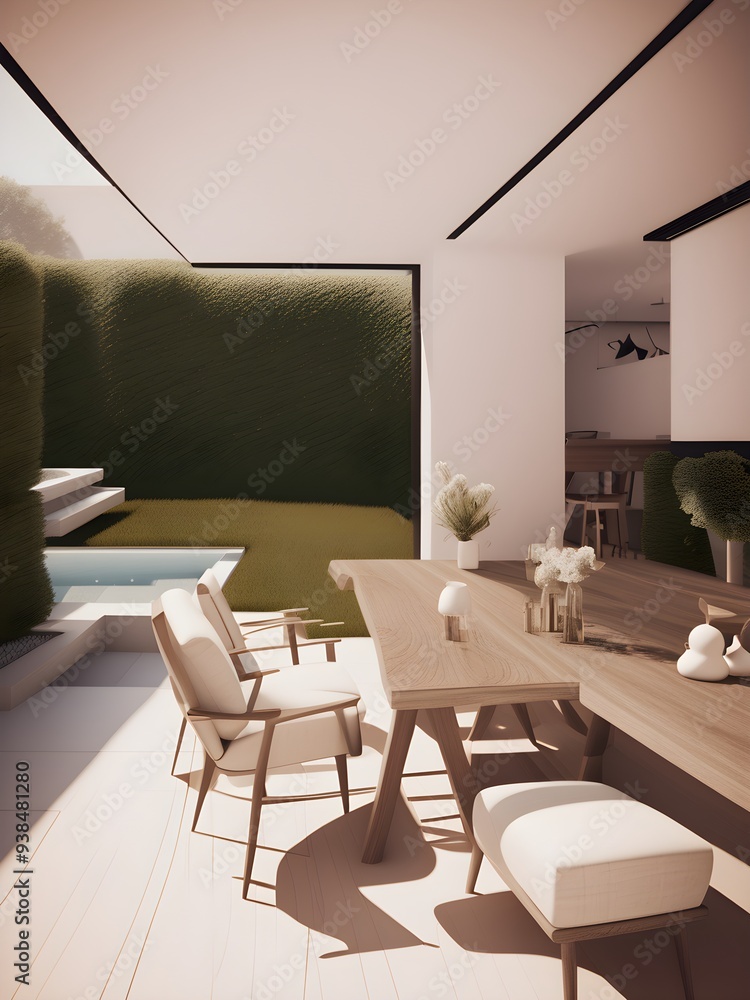 Fototapeta premium Interior of and outdoor terrace with wooden table and chairs