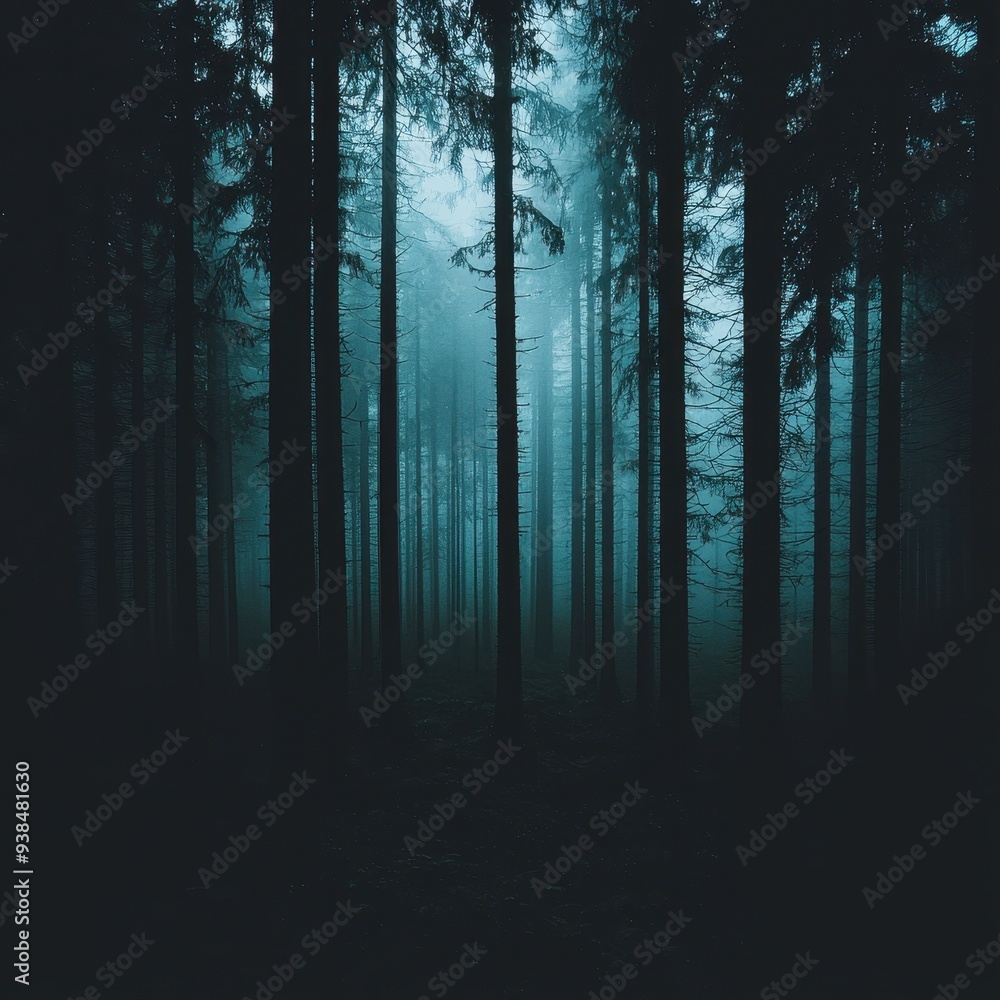 Obraz premium Dark Forest Path Misty Trees in the Woods