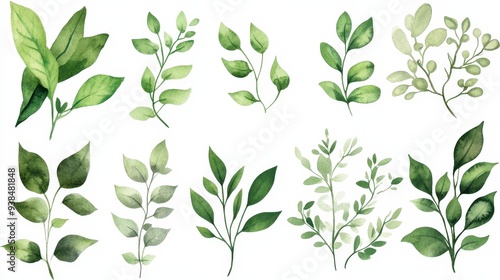 Wallpaper Mural Watercolor illustration of green leaves on white background. Torontodigital.ca