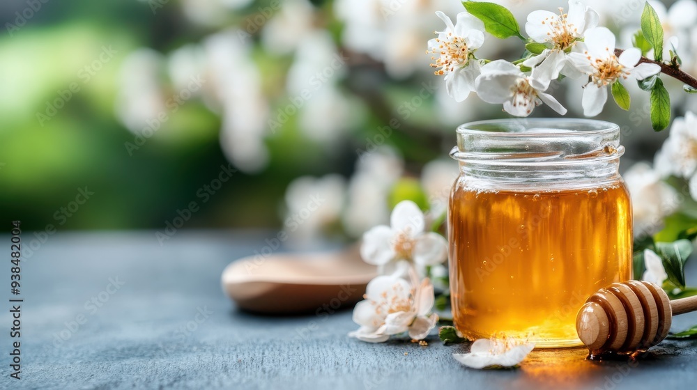 A moment captured as honey drips from a wooden honey dipper into a glass jar, set against a natural, floral backdrop, representing nature's sweet gift and homemade purity. A moment captured as honey drips from a wooden honey dipper into a glass jar, set against a natural, floral backdrop, representing nature's sweet gift and homemade purity.