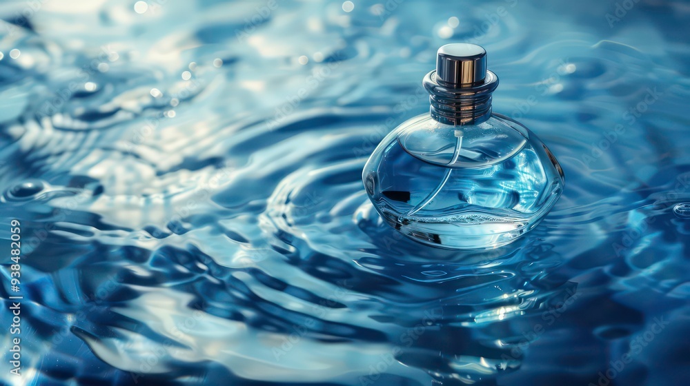 A silver and glass perfume bottle sits atop rippling blue water. A silver and glass perfume bottle sits atop rippling blue water.