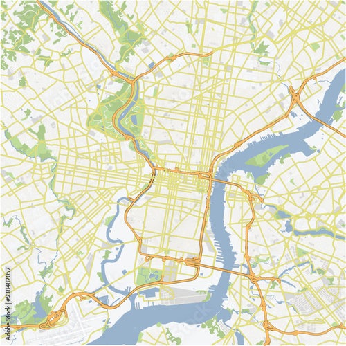 Road map of Philadelphia in Pennsylvania. Contains layered vector with roads water, parks, etc.