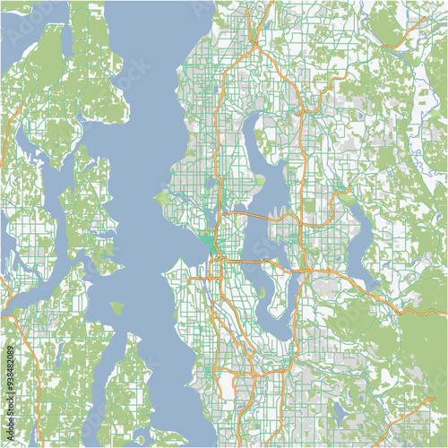Road map of Seattle in Washington. Contains layered vector with roads water, parks, etc.