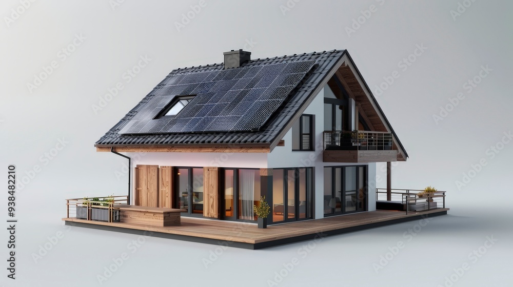 Modern white house with wooden accents, solar panels on the roof, and a wooden deck. Modern white house with wooden accents, solar panels on the roof, and a wooden deck.