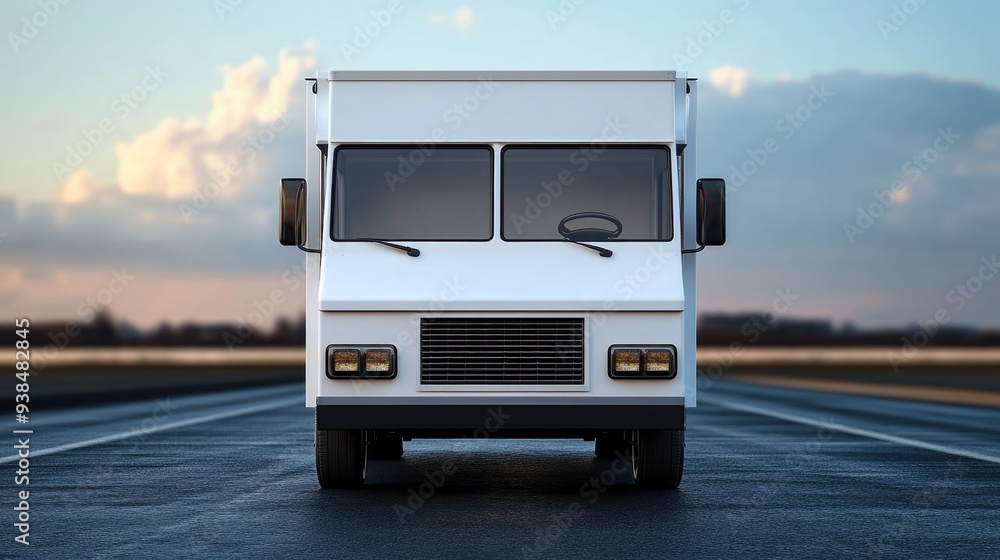 Front view of a food truck template on an empty road, with space around for adding text or logos. Front view of a food truck template on an empty road, with space around for adding text or logos.