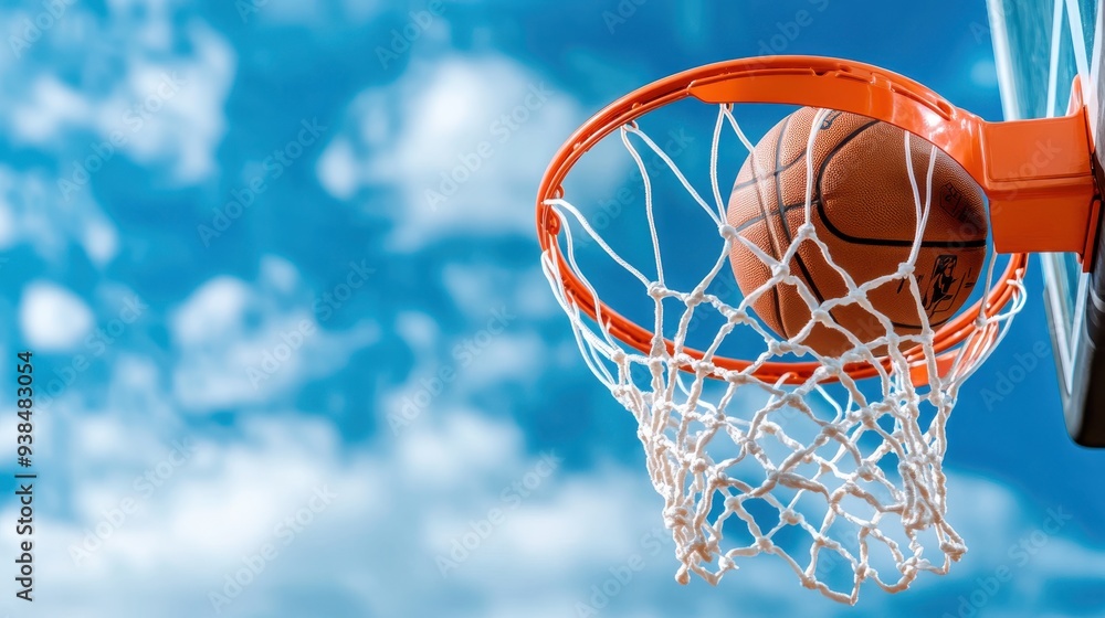 A basketball poised near the hoop, moments away from scoring, with a vibrant, blue sky background filled with scattered clouds exuding an atmosphere of anticipation and excitement. A basketball poised near the hoop, moments away from scoring, with a vibrant, blue sky background filled with scattered clouds exuding an atmosphere of anticipation and excitement.