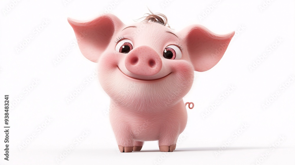 Cheerful 3D Cartoon Pig with Curly Tail and Rosy Cheeks on White Background Cheerful 3D Cartoon Pig with Curly Tail and Rosy Cheeks on White Background