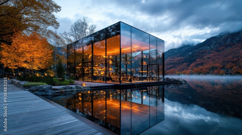 Obraz premium A contemporary glass structure stands by a tranquil water body, surrounded by autumn-colored trees, creating a breathtaking reflection and serene ambiance at dusk.