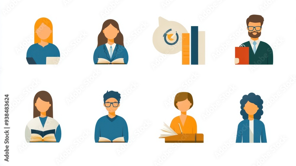 Icons of people in various educational roles, such as teachers, students, and administrators. Icons of people in various educational roles, such as teachers, students, and administrators.