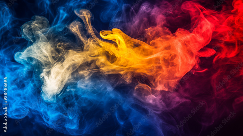 Smoke in primary colors yellow, blue and red and white, on a dark background.. Smoke in primary colors yellow, blue and red and white, on a dark background..
