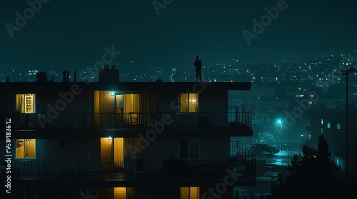 Silhouette of Man on Rooftop with City Lights at Night