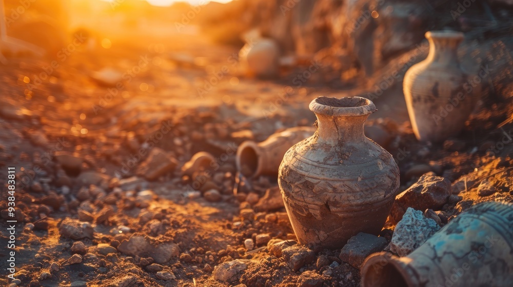 Pieces Of Ancient Pottery Lying In The Dirt At The Site Of An