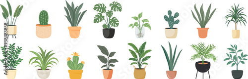 Cute Indoor Plants, Flat Vector Set. House Plants in Ceramic Pots, Cups, Basket Planters. Decorative Indoor Plant Collection Isolated on White. Colorful Houseplant Design Illustration