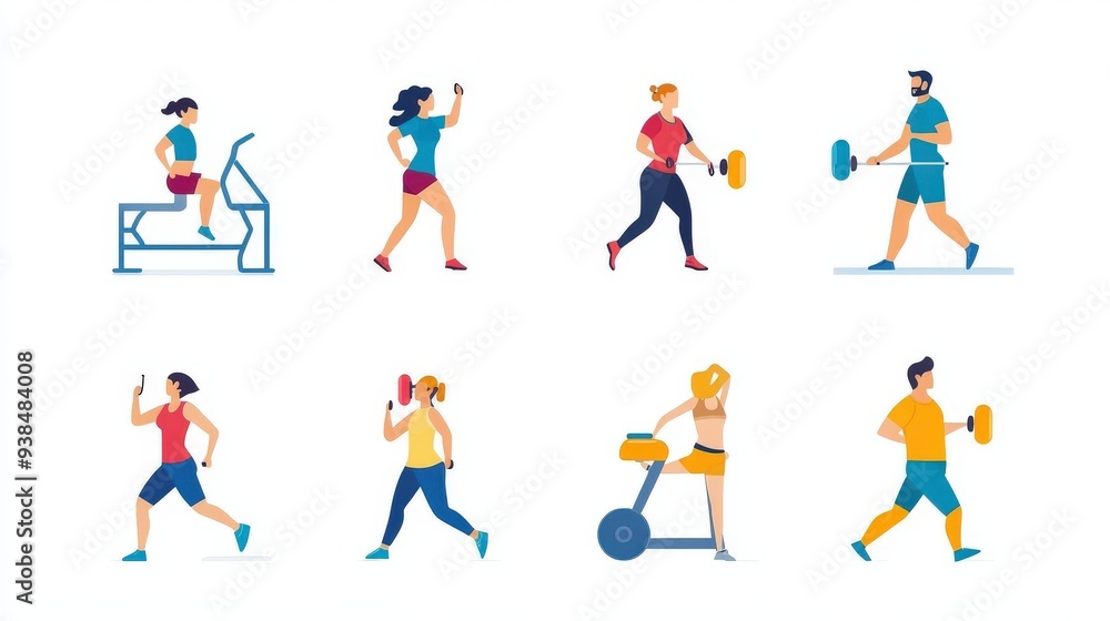 Icons representing people in fitness and health-related activities. Icons representing people in fitness and health-related activities.