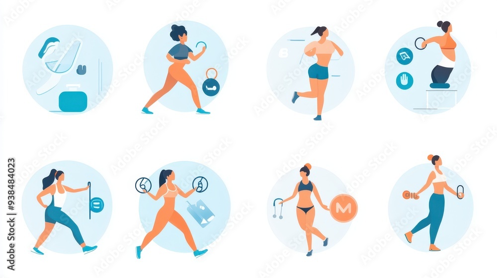 Icons representing people in fitness and wellness activities. Icons representing people in fitness and wellness activities.