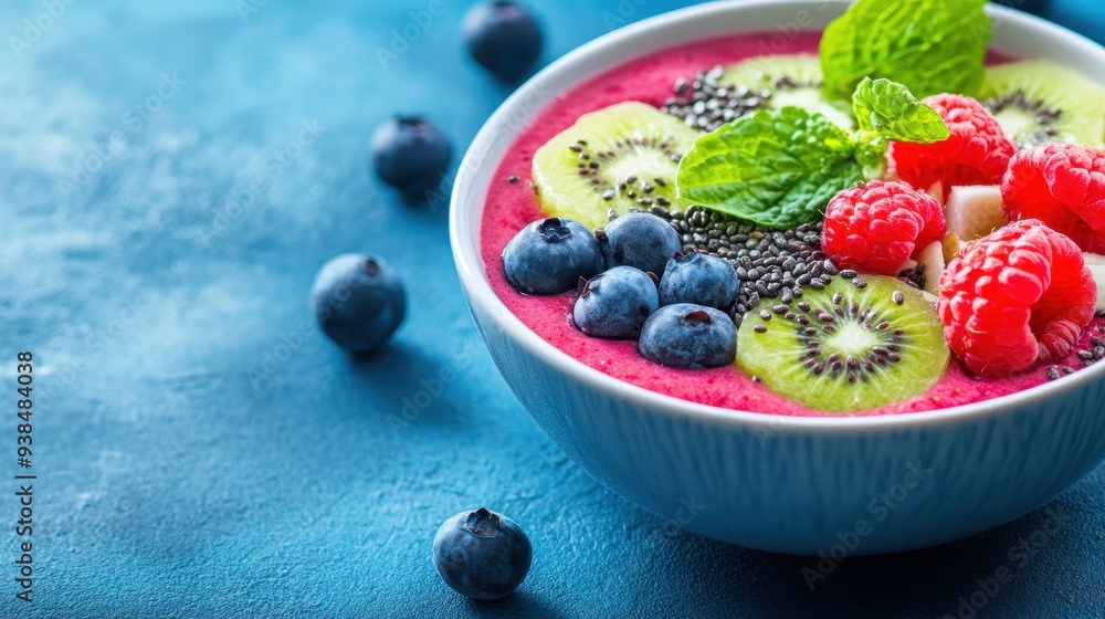 Colorful Smoothie Bowl with Fresh Fruits, Seeds, and Copy Space - Balanced Nutrition Concept Colorful Smoothie Bowl with Fresh Fruits, Seeds, and Copy Space - Balanced Nutrition Concept